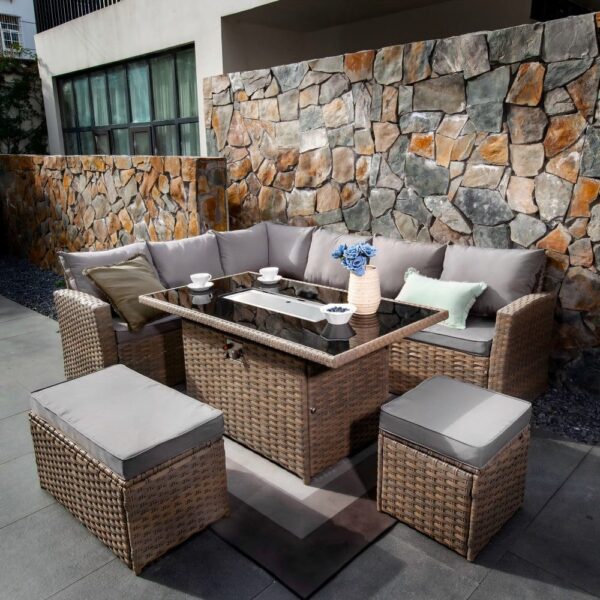 nolym 9-Seater Rattan Corner Sofa Set with Fire Pit & Dining Table - Image 7