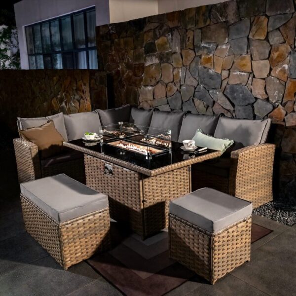 nolym 9-Seater Rattan Corner Sofa Set with Fire Pit & Dining Table - Image 9