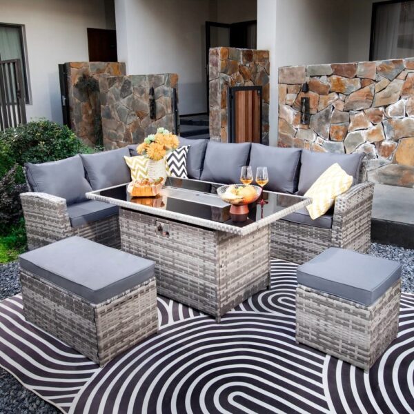 nolym 9-Seater Rattan Corner Sofa Set with Fire Pit & Dining Table - Image 2