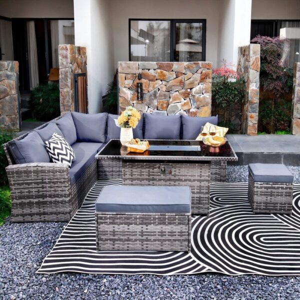 nolym 9-Seater Rattan Corner Sofa Set with Fire Pit & Dining Table - Image 3