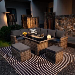 nolym 9-Seater Rattan Corner Sofa Set with Fire Pit & Dining Table