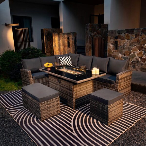 nolym 9-Seater Rattan Corner Sofa Set with Fire Pit & Dining Table